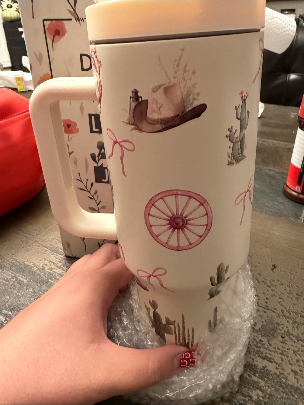 Cream Travel Mug with Pink Western Wheel & Cactus Motif